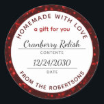 Zelfgemaakt met Love Red Christmas Food Label<br><div class="desc">Zelfgemaakt met liefde Kerst Rode Bokeh Productnaam en datum Klassieke Ronde Sticker Potdeksel of Eten Label... Een kerstrood bokeh-patroon grenst aan uw zelfgemaakte voedselproductgegevens op deze feestelijke ronde sticker-labels voor het schenken van uw zelfgemaakte jam, koekjes, brood, taarten en meer. U kunt de tekst aanpassen aan uw eigen behoeften op...</div>