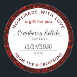 Zelfgemaakt met Love Red Christmas Food Label<br><div class="desc">Zelfgemaakt met liefde Kerst Rode Bokeh Productnaam en datum Klassieke Ronde Sticker Potdeksel of Eten Label... Een kerstrood bokeh-patroon grenst aan uw zelfgemaakte voedselproductgegevens op deze feestelijke ronde sticker-labels voor het schenken van uw zelfgemaakte jam, koekjes, brood, taarten en meer. U kunt de tekst aanpassen aan uw eigen behoeften op...</div>