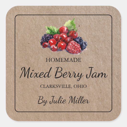 Zelfgemaakt Mixed Berry Jam Square Kraft-papierlab Vierkante Sticker (Voorkant)