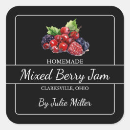 Zelfgemaakt Mixed Berry Jam Square Label Zwart