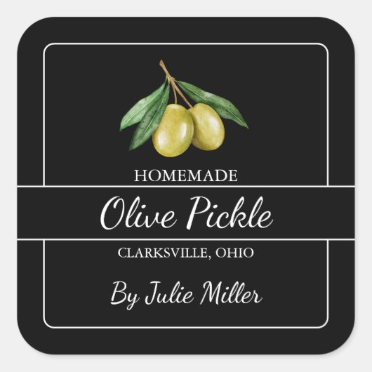 Zelfgemaakt Olive Pickle Square Label Zwart (Voorkant)