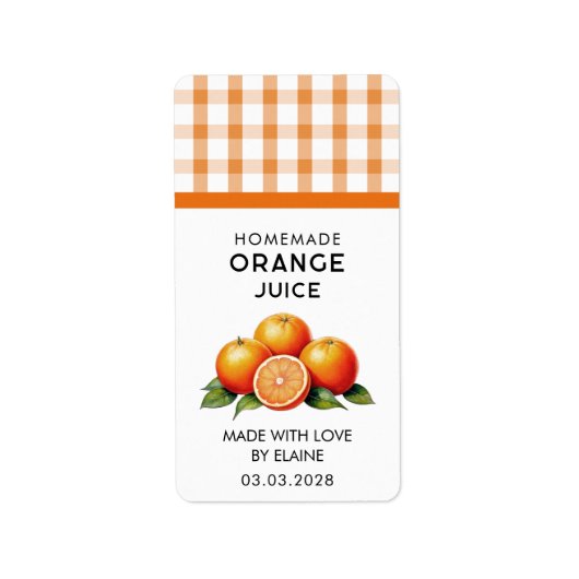 Zelfgemaakt oranje sap met geruit motief etiket (Voorkant)