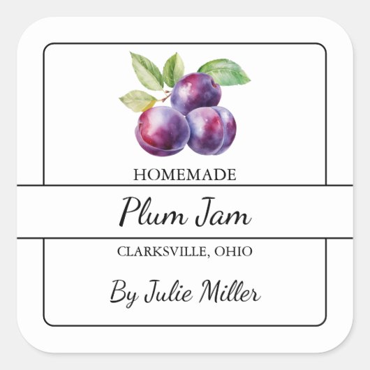 Zelfgemaakt Plum Jam Square Label (Voorkant)