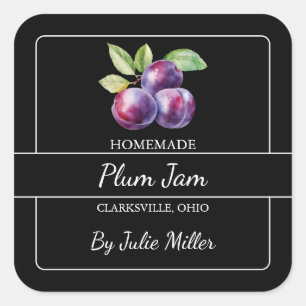 Zelfgemaakt Plum Jam Square Label Zwart