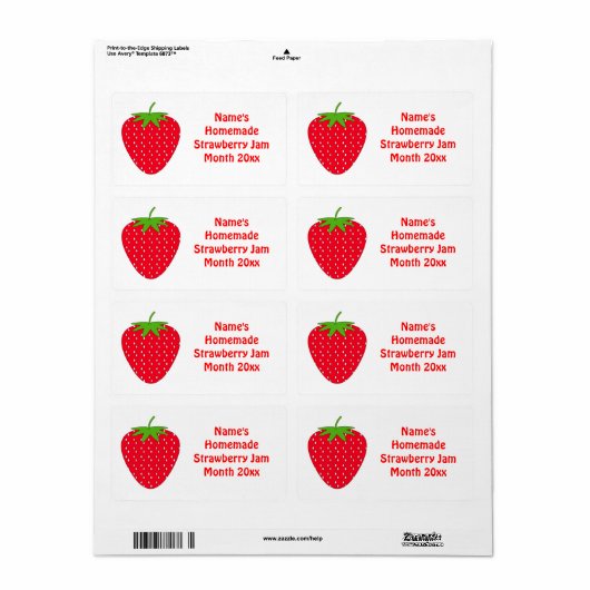 Zelfgemaakt Strawberry Jam Label. Wit en Rood. Etiket (Full Sheet)