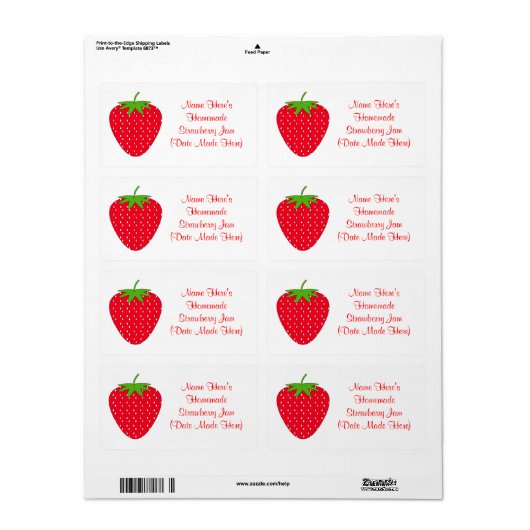 Zelfgemaakt Strawberry Jam Label. Wit en Rood. Etiket (Full Sheet)