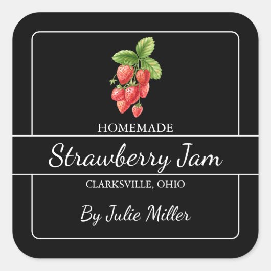 Zelfgemaakt Strawberry Jam Square Label Zwart (Voorkant)
