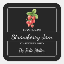 Zelfgemaakt Strawberry Jam Square Label Zwart