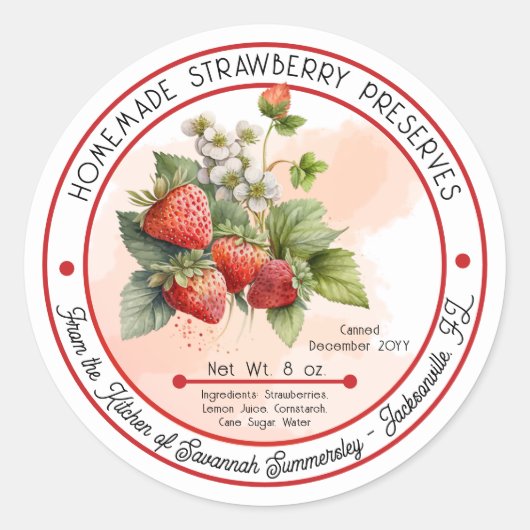 Zelfgemaakte aardbeienconserven inblikken ronde sticker (Voorkant)