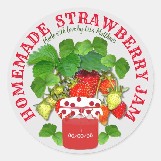 Zelfgemaakte aardbeienjam aangepaste tekst ronde sticker (Voorkant)