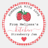 Zelfgemaakte Aardbeienjam Boerderij Rode Gingham Ronde Sticker (Voorkant)