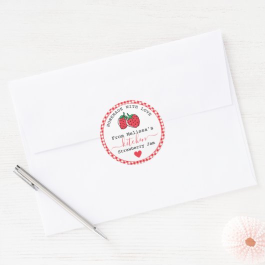 Zelfgemaakte Aardbeienjam Boerderij Rode Gingham Ronde Sticker (Envelop)