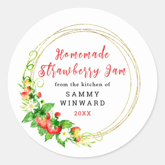 Zelfgemaakte aardbeienjam inblikken label (Voorkant)