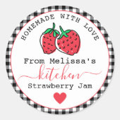 Zelfgemaakte Aardbeienjam Rustic Zwarte Gingham Ronde Sticker (Voorkant)