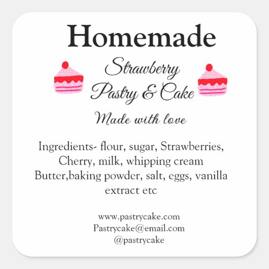 Zelfgemaakte aardbeientaart gebak gemaakt met lief vierkante sticker (Voorkant)