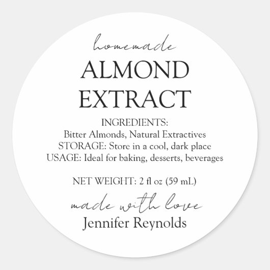Zelfgemaakte amandel extract fles instructies ronde sticker (Voorkant)