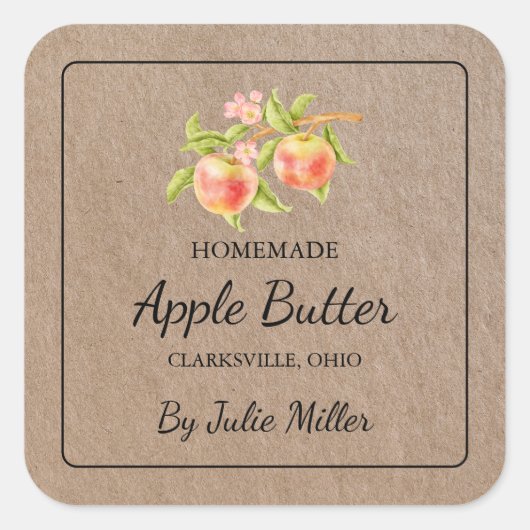 Zelfgemaakte Apple Butter Square Kraft-papieren la Vierkante Sticker (Voorkant)
