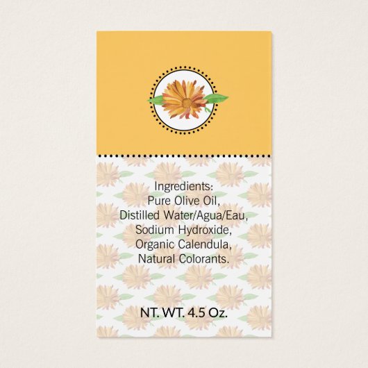 Zelfgemaakte bad- en lichaamscalendula-wildebloem- visitekaartje (Achterkant)