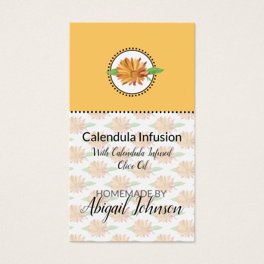 Zelfgemaakte bad- en lichaamscalendula-wildebloem- visitekaartje (Voorkant)