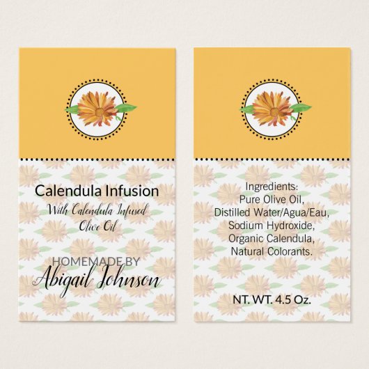 Zelfgemaakte bad & lichaamscalendula-wildebloem ca visitekaartje (Voorkant /achterkant)