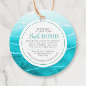 Zelfgemaakte badbom blauwgroen zee wit bedankjes labels (Achterkant)