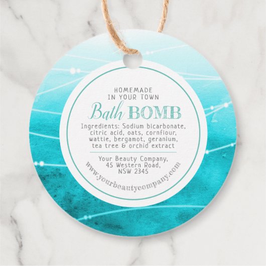 Zelfgemaakte badbom blauwgroen zee wit bedankjes labels (Achterkant)