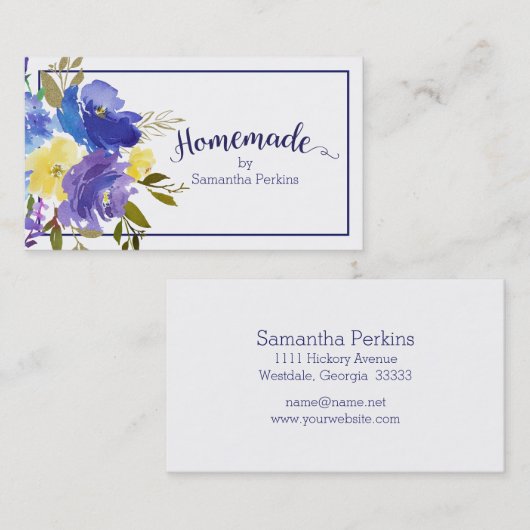 Zelfgemaakte Blauwe Paarse Gele Bloem Kalligrafie Visitekaartje (Voorkant / Achterkant)
