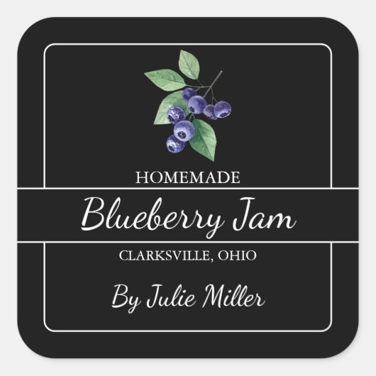 Zelfgemaakte Blueberry Jam Square Label Zwart (Voorkant)