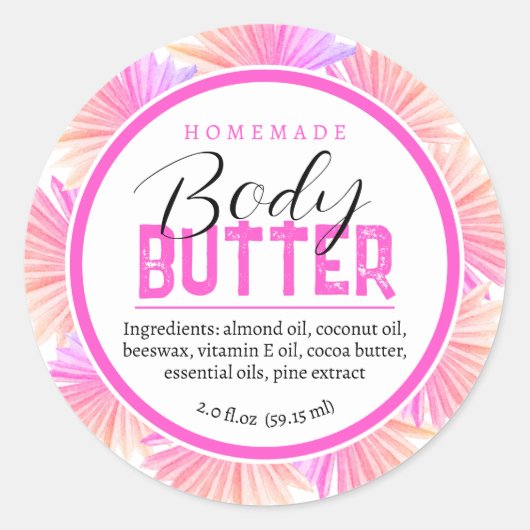 Zelfgemaakte body butter ingrediënten pink palms ronde sticker (Voorkant)