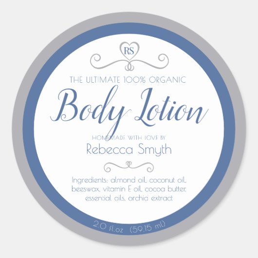 Zelfgemaakte body lotion ingrediënten blauw zilver ronde sticker (Voorkant)