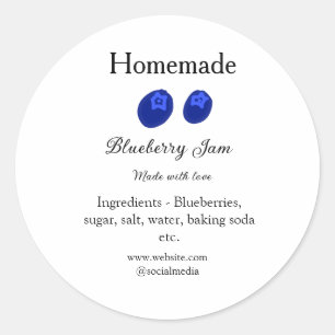 Zelfgemaakte bosbessenjam gemaakt met liefde en te ronde sticker