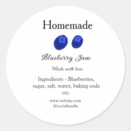Zelfgemaakte bosbessenjam gemaakt met liefde en te ronde sticker (Voorkant)