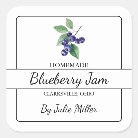 Zelfgemaakte bosbessenjam vierkante sticker (Voorkant)