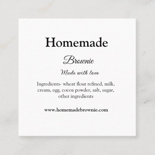 Zelfgemaakte bruinie gemaakt met liefde tekst toev vierkante visitekaartje (Voorkant)