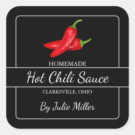 Zelfgemaakte chili saus vierkant label zwart (Voorkant)
