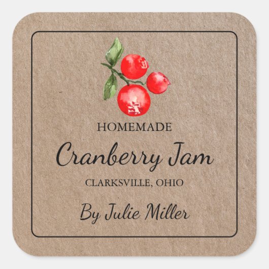 Zelfgemaakte Cranberry Jam Square Kraft-papieren l Vierkante Sticker (Voorkant)