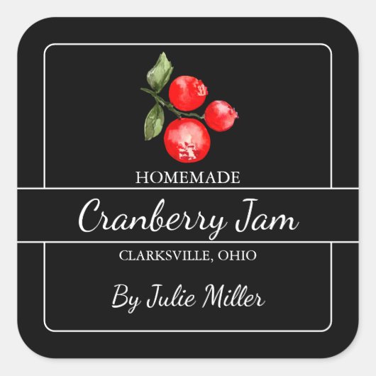 Zelfgemaakte Cranberry Jam Square Label Zwart (Voorkant)