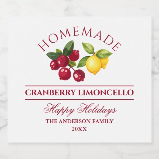 Zelfgemaakte Cranberry Limoncello Vakantie Likeurfles Etiket (Enkel label)