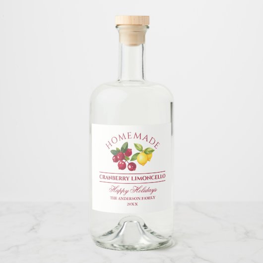 Zelfgemaakte Cranberry Limoncello Vakantie Likeurfles Etiket (Voorkant)