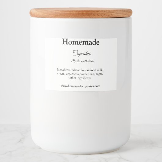 Zelfgemaakte cupcakes gemaakt met liefde tekst toe voedselcontainer etiket (Voorkant)