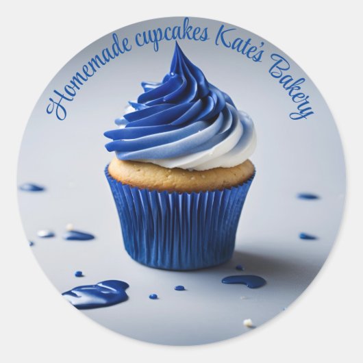 Zelfgemaakte Cupcakes Wit Blauw Ronde Sticker (Voorkant)