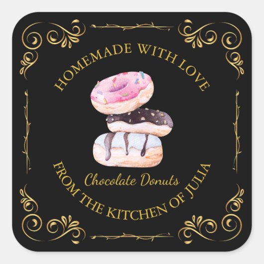 zelfgemaakte donut square label | Black (Voorkant)