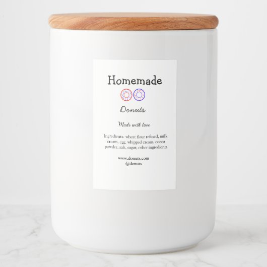 Zelfgemaakte donuts gemaakt met liefde en tekst to voedselcontainer etiket (Voorkant)