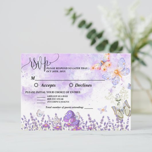 Zelfgemaakte Elegante Gouden en Paarse Vlinder RSV RSVP Kaartje (Staand voorkant)