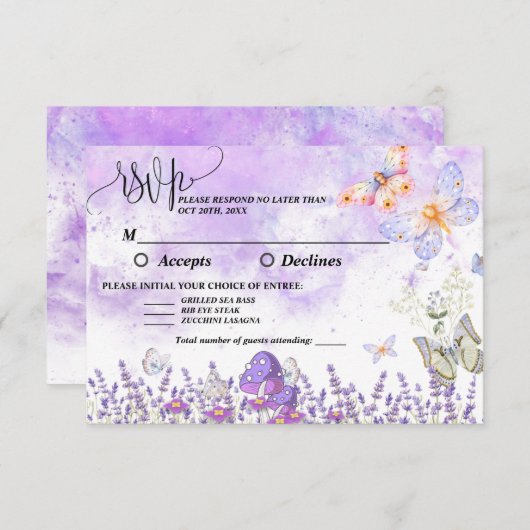 Zelfgemaakte Elegante Gouden en Paarse Vlinder RSV RSVP Kaartje (Voorkant / Achterkant)