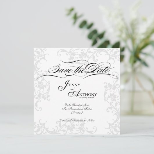 Zelfgemaakte Elegante 'Save the Date' in Zwart en Save The Date (Staand voorkant)