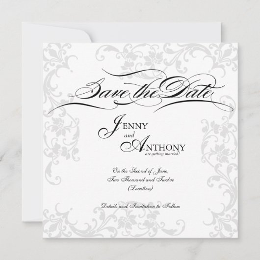 Zelfgemaakte Elegante 'Save the Date' in Zwart en Save The Date (Voorkant)