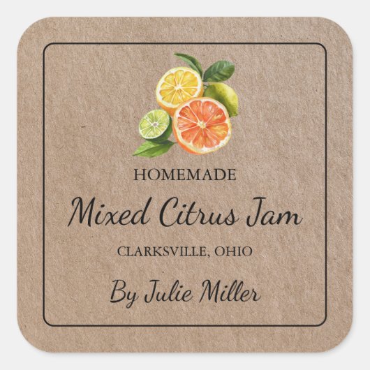Zelfgemaakte Gemengde Citrus Jam Square Kraft Papi Vierkante Sticker (Voorkant)
