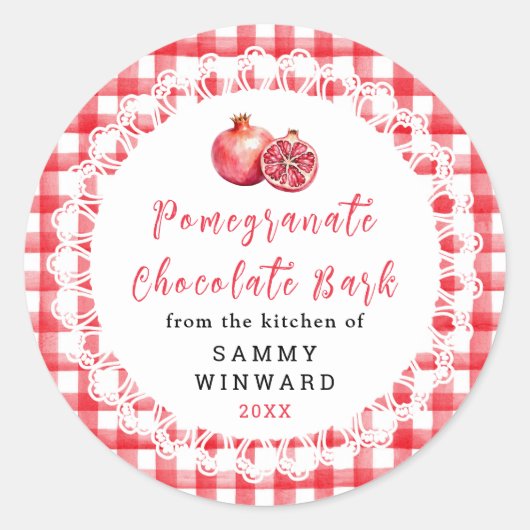 Zelfgemaakte Granaatappel Chocolade Bark Etiket (Voorkant)