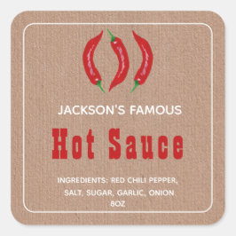 Zelfgemaakte Hot Sauce | Chili Saus in Kraftpapier Vierkante Sticker